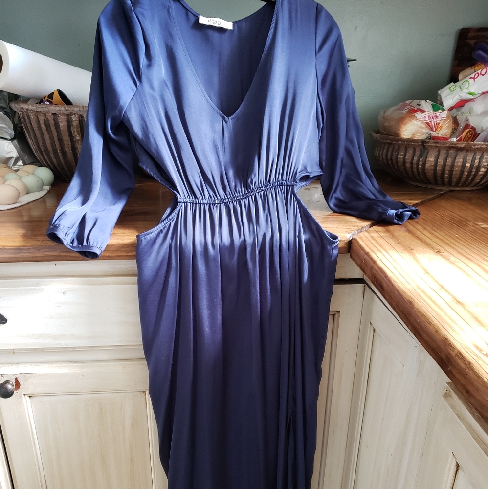Navy blue satin cut out dress